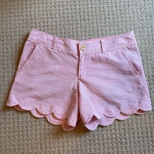 Lilly Pulitzer Buttercup Pink Seersucker Shorts.